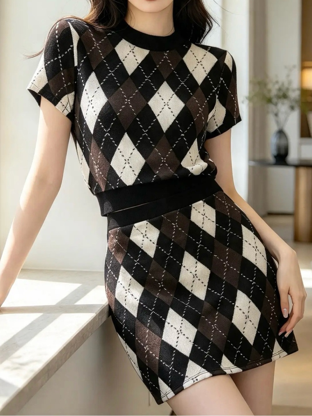H&M argyle Knit Mini Skirt - Black & Brown